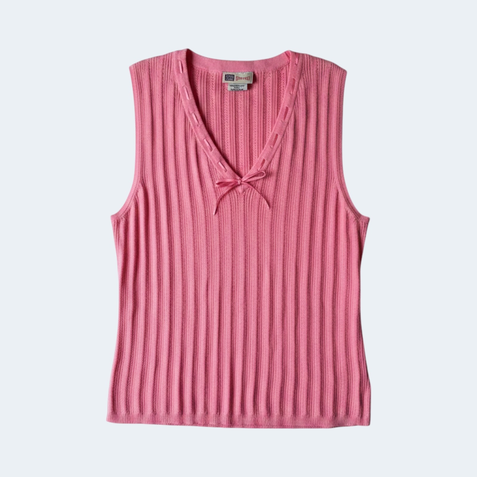 Vintage 90s Y2k Faded Glory Pink Ribbed Sweater Vest Ribbon Lace Bow Top L Nwot